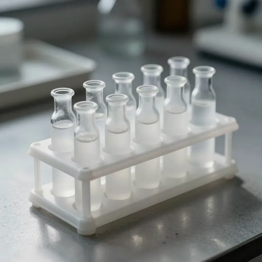 Frosted lab vials, pipette tips, and a capped sample rack on brushed stone under dramatic light.