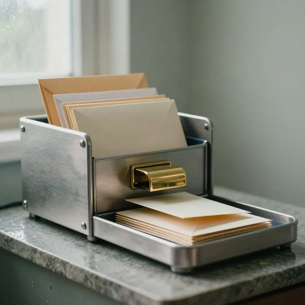 Brushed aluminum inbox sorter with sealed envelopes, brass opener, and note tray on stone.