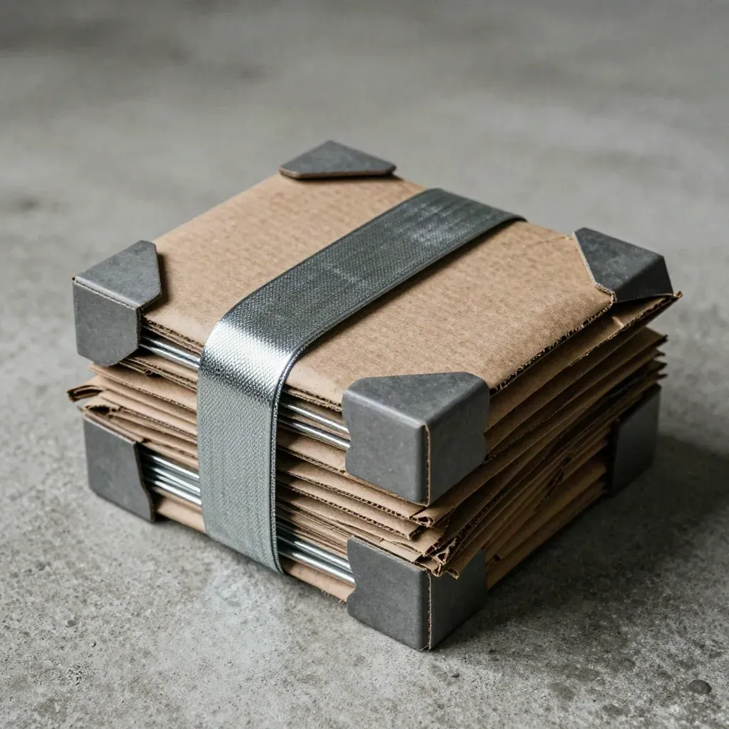 Galvanized strapping, corner protectors, and a kraft mailer cluster on concrete.