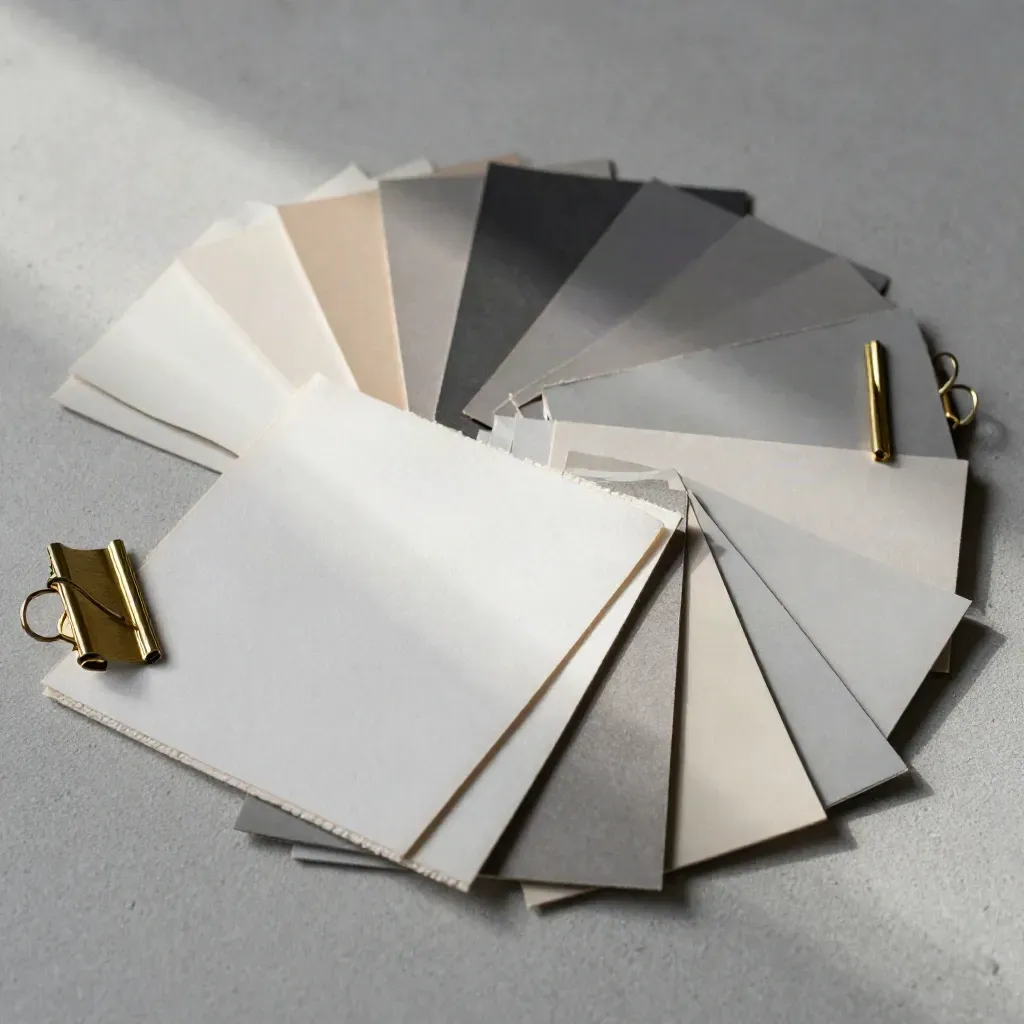Overhead still life of paper swatches, sample chips, and brass clips on pale concrete.