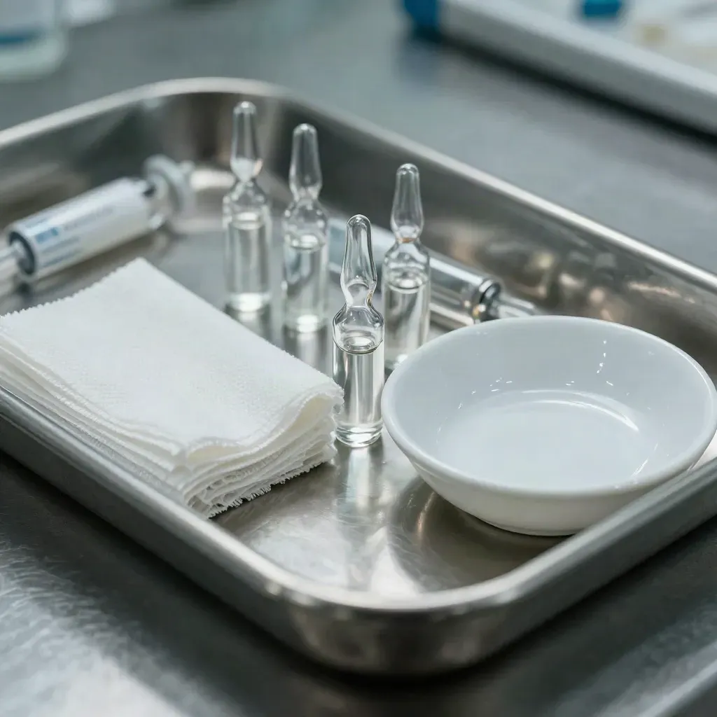 Macro of a stainless medication tray with ampoules, gauze squares, and a white ceramic dish.