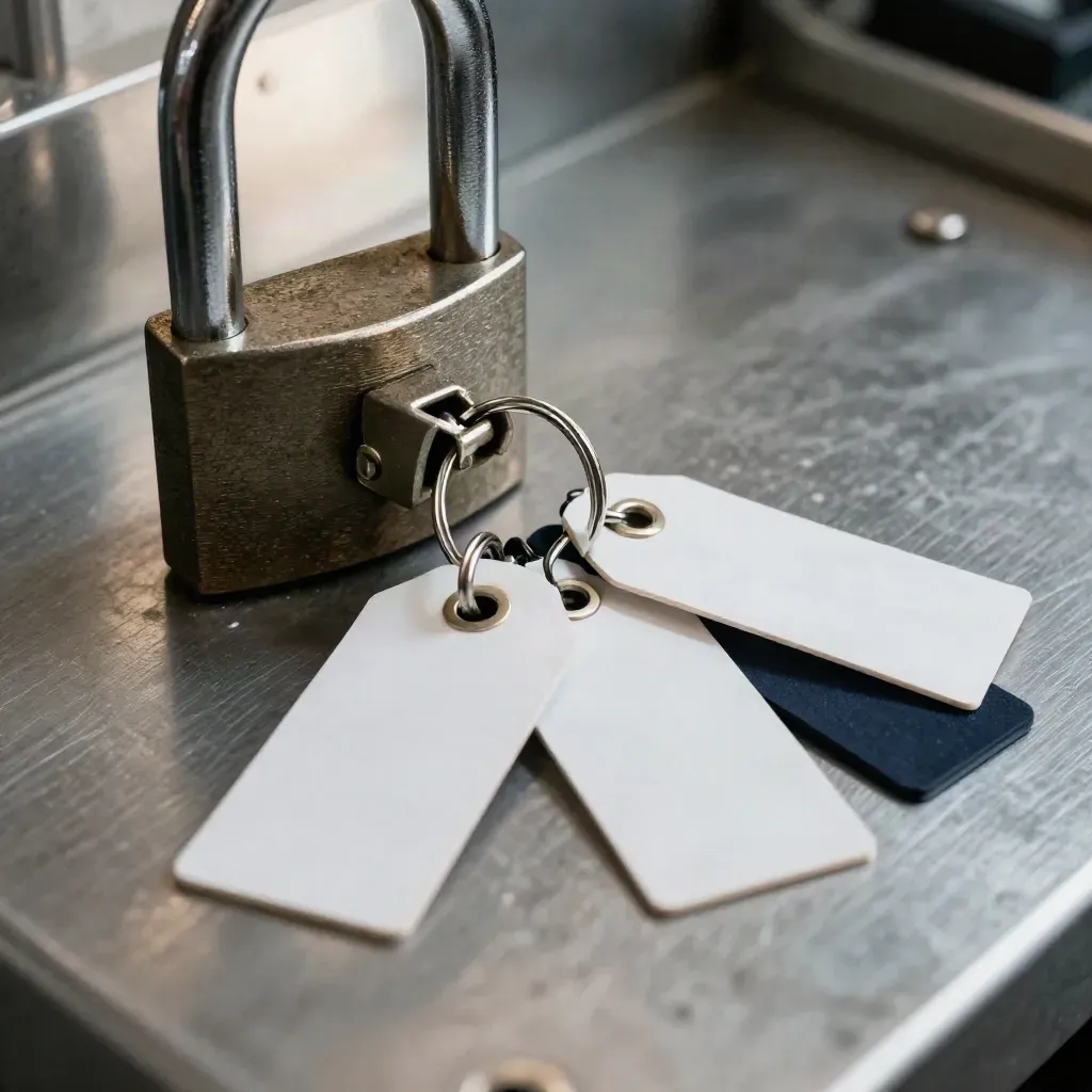 Warehouse key ring and anodized lock with three inventory tags on brushed metal.