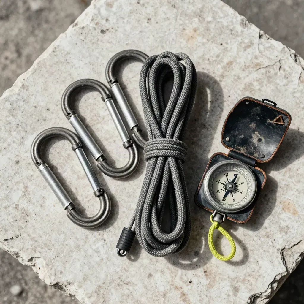 Overhead cluster of carabiners, coiled cord, and a closed compass case on pale stone.