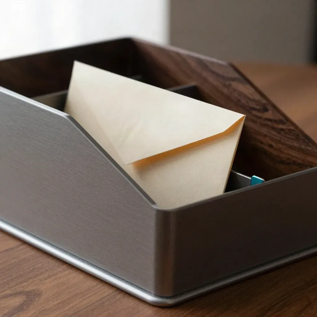 Extreme close-up of a three-slot inbox sorter with a sealed envelope tipping into the urgent slot.