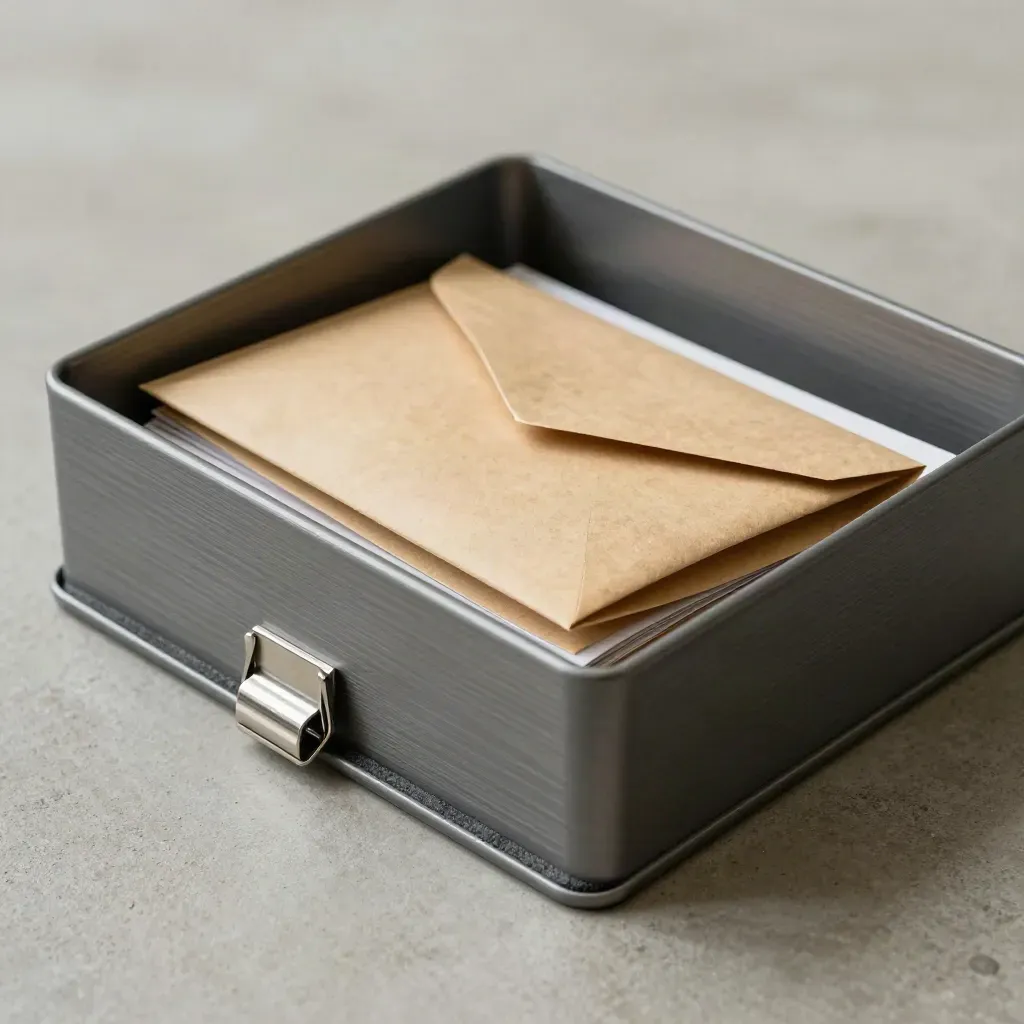 Top-down macro of paired mail trays bridged by a clip, with two envelopes crossing one queue.