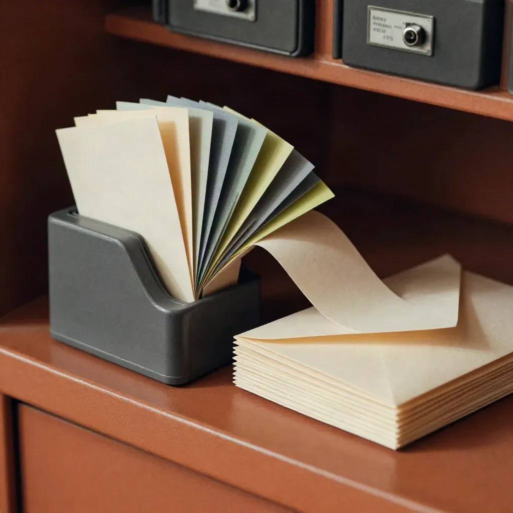 Graphite tab dispenser, colored label strips, and stacked envelopes on terracotta plaster