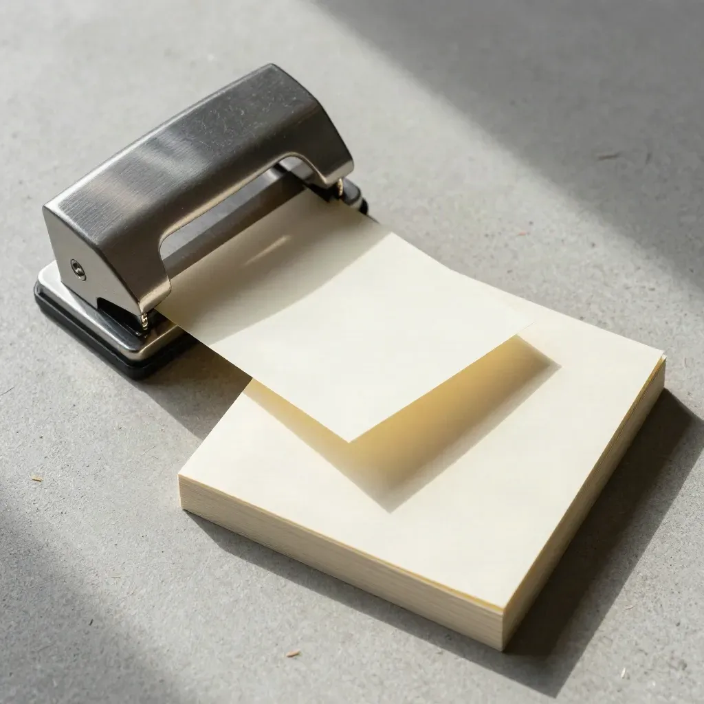 Brushed steel task punch beside blank slips and clipped note cards on pale concrete, top-down.
