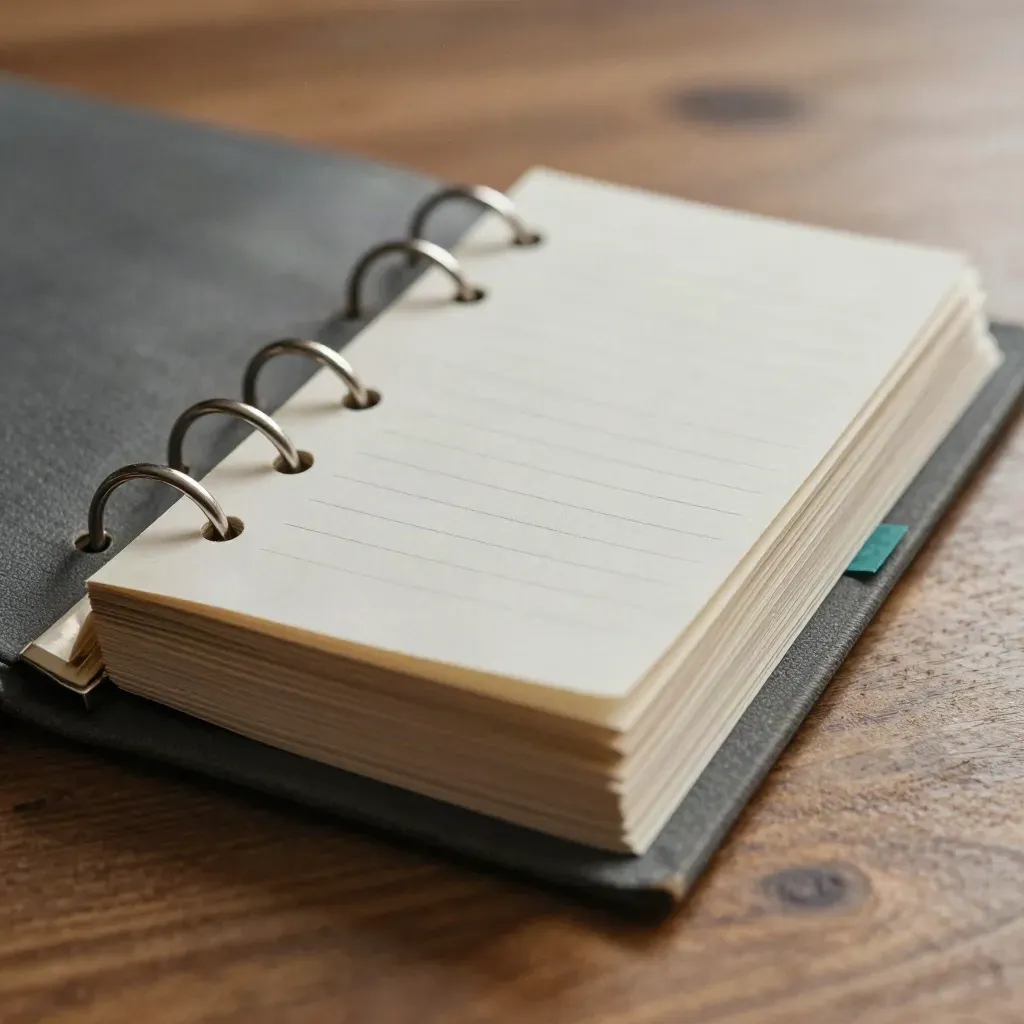 Ring binder spine with punched index cards bridging linked metal rings on brushed wood