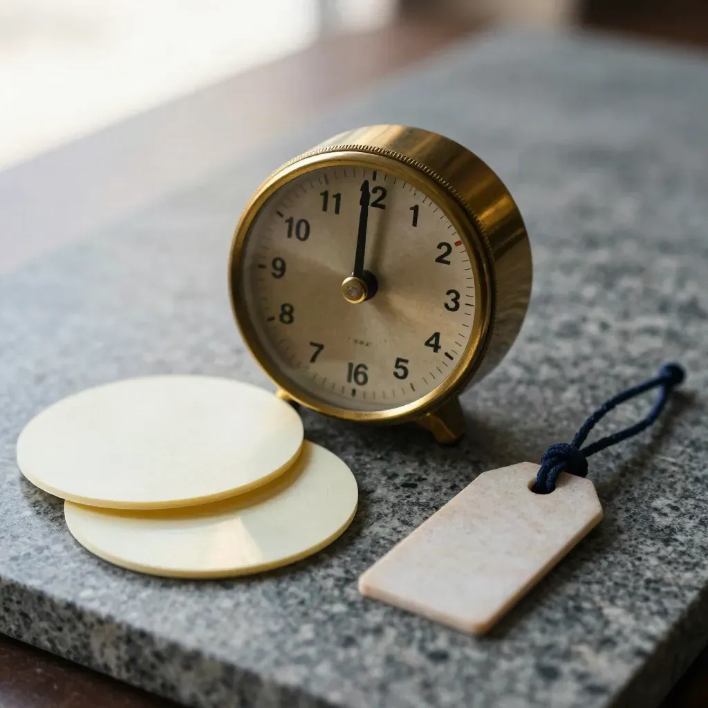 Brass timer, reminder discs, and a stone tag on limestone in soft macro light.