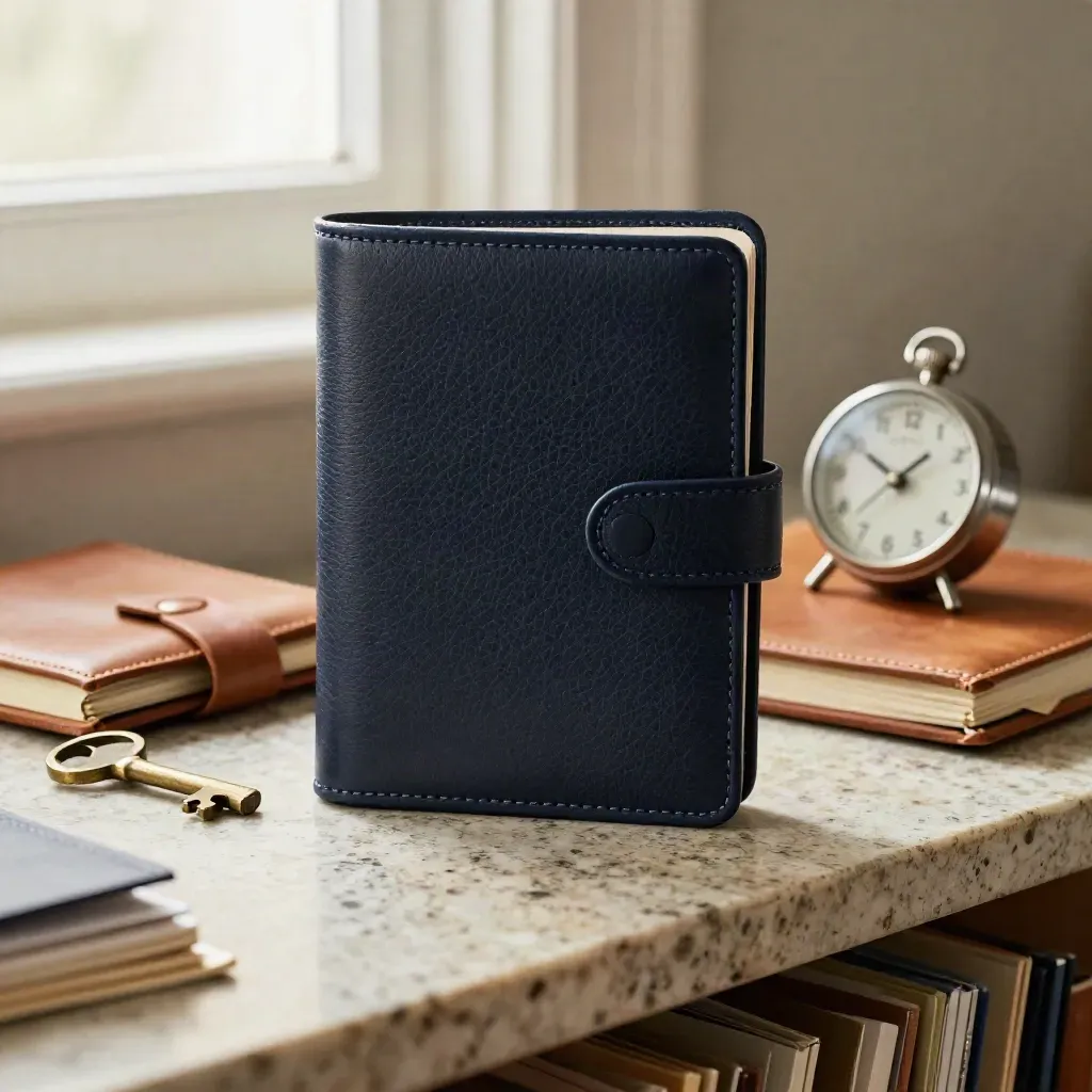 Leather folio, brass key, closed notebook, and desk timer on travertine with soft morning light.