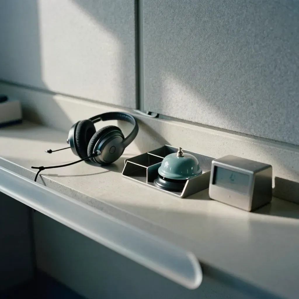 Shared support inbox tools on a pale stone ledge: headset dock, teal bell, routed tray, desk timer.