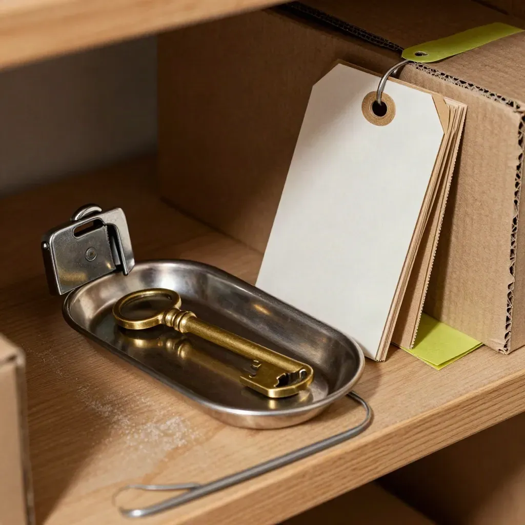 Brass key, coin tray, shipping tags and lockbox latch on a kraft shelf.