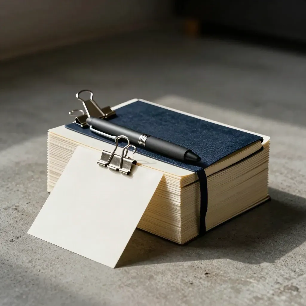 Top-down still life of task cards, clips, a pocket notebook, and pen cap on cool concrete.