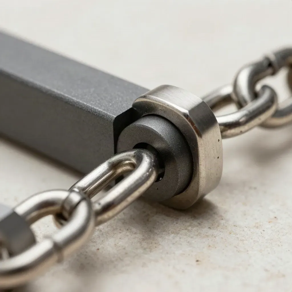 Macro stainless rings linking around a graphite block on pale stone.