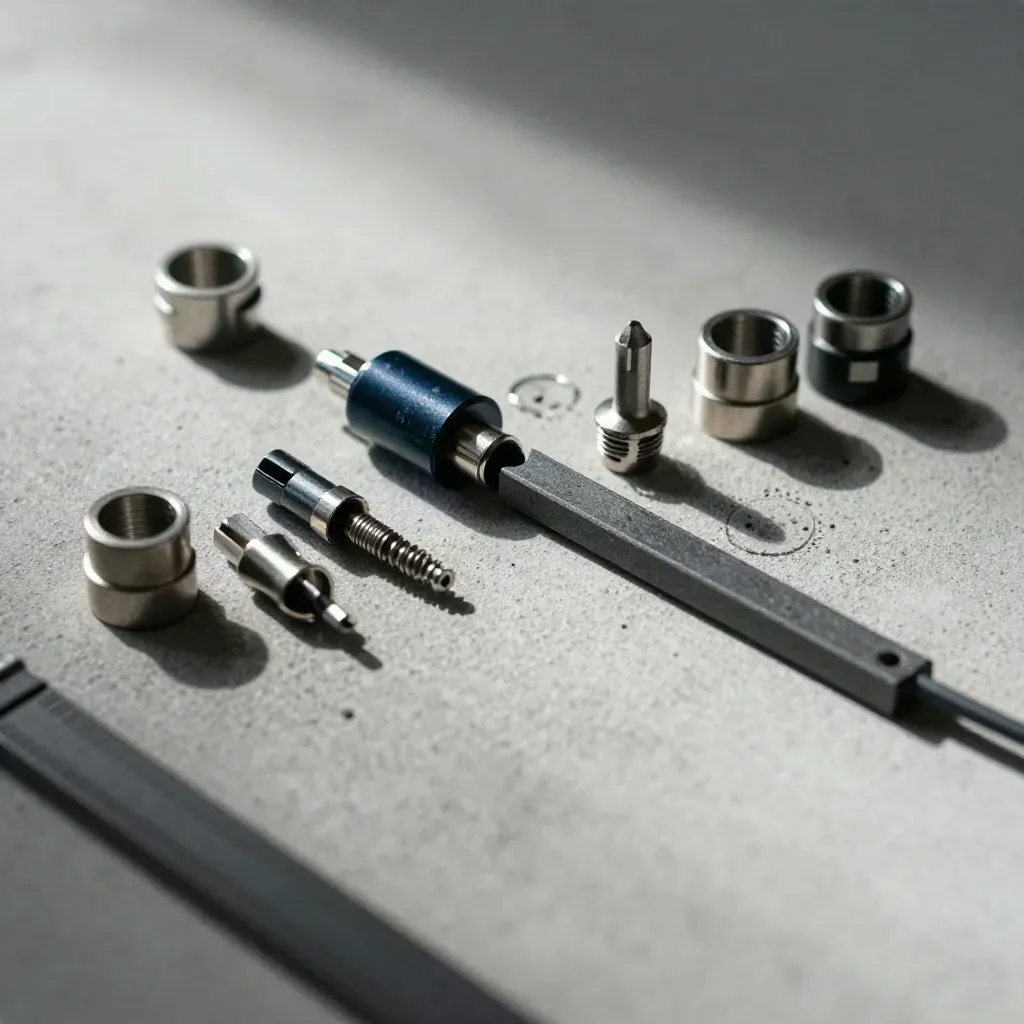Overhead still life of precision connectors, cable ferrules, and graphite bars on pale concrete
