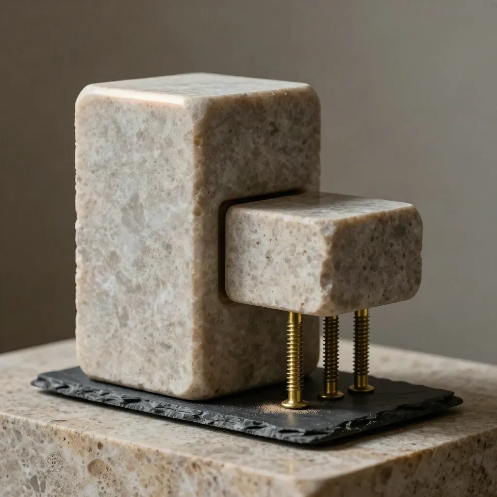 Stone blocks with brass dowels and a slate spacer in a premium low-lit still life.