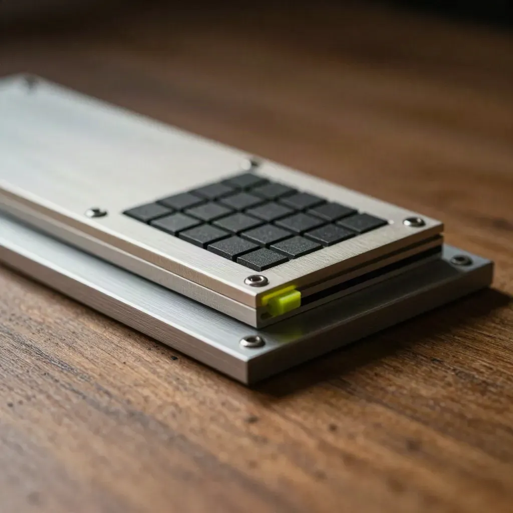 Machined plates, fasteners, and matte blocks clustered on warm wood with lime accent