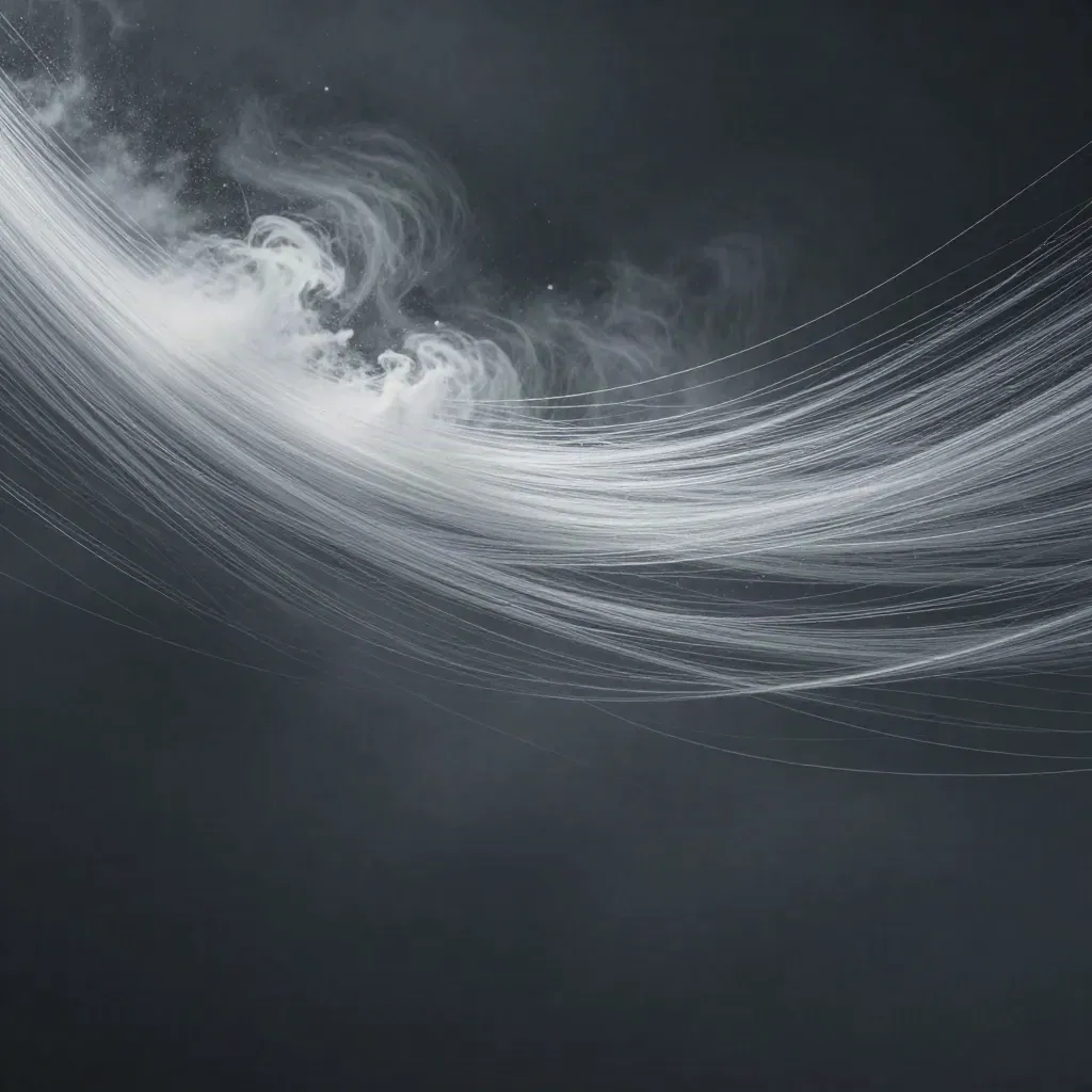 Abstract silver filaments converging into a white bloom in dark graphite haze.